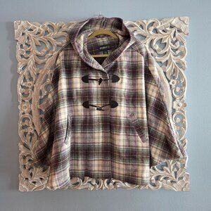Eddie Bauer wool-blend hooded poncho cape coat purple, cream,brown plaid medium